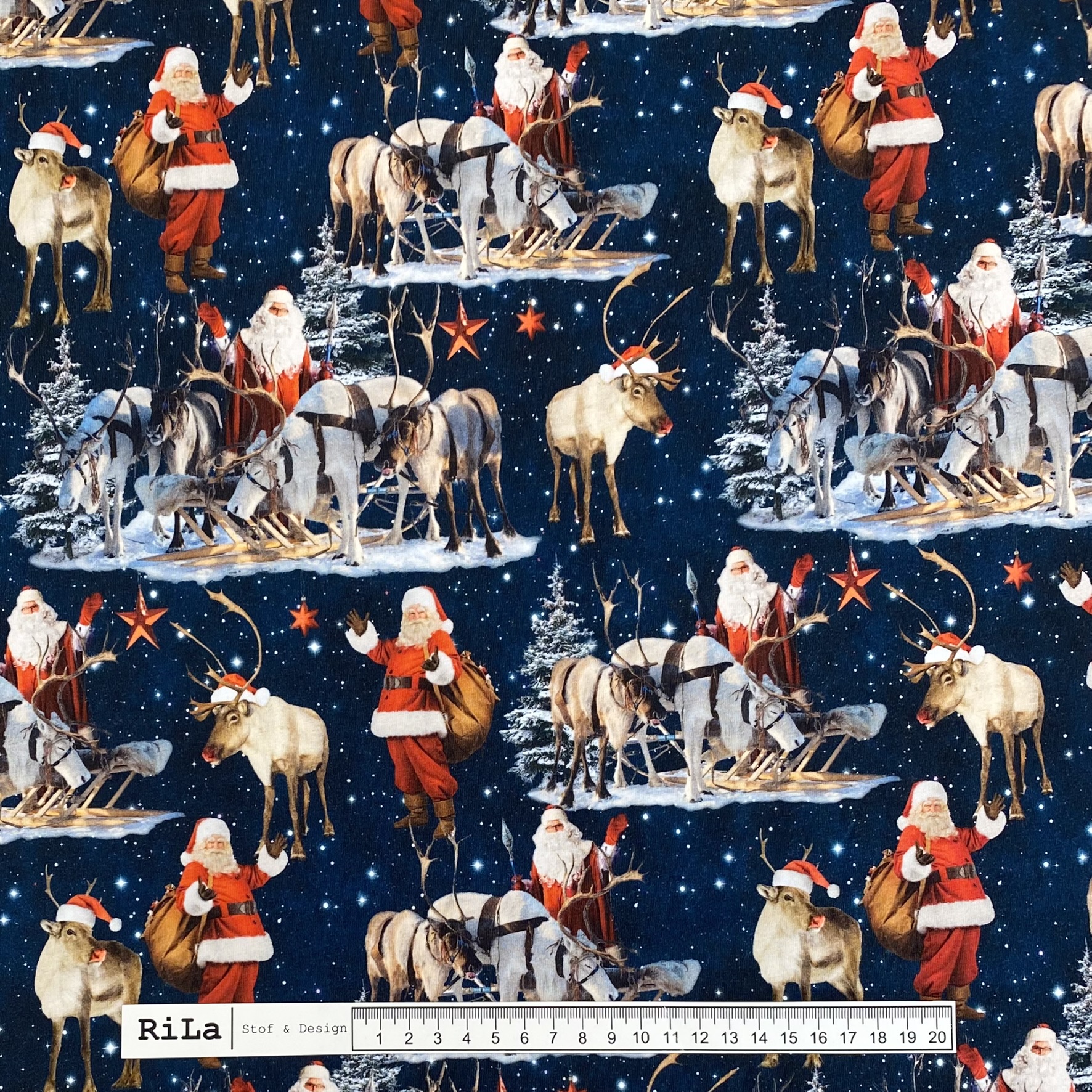 Mørkeblå med julemand rensdyr, Bomuldsjersey - Stof &