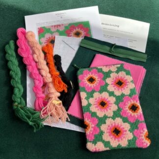 Xrosstitch Broderi-kit: Mobil- og brilleetui, "Sommarblom", Grøn/rosa